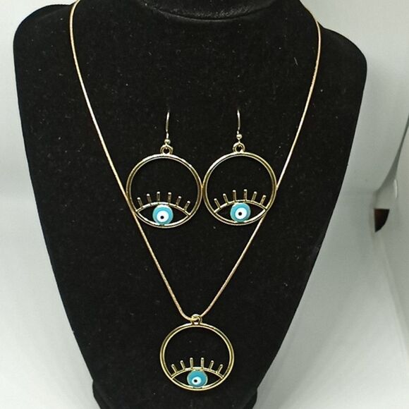 Green Evil Eye Gold Plated Alloy Jewelry set - Picture 3 of 5